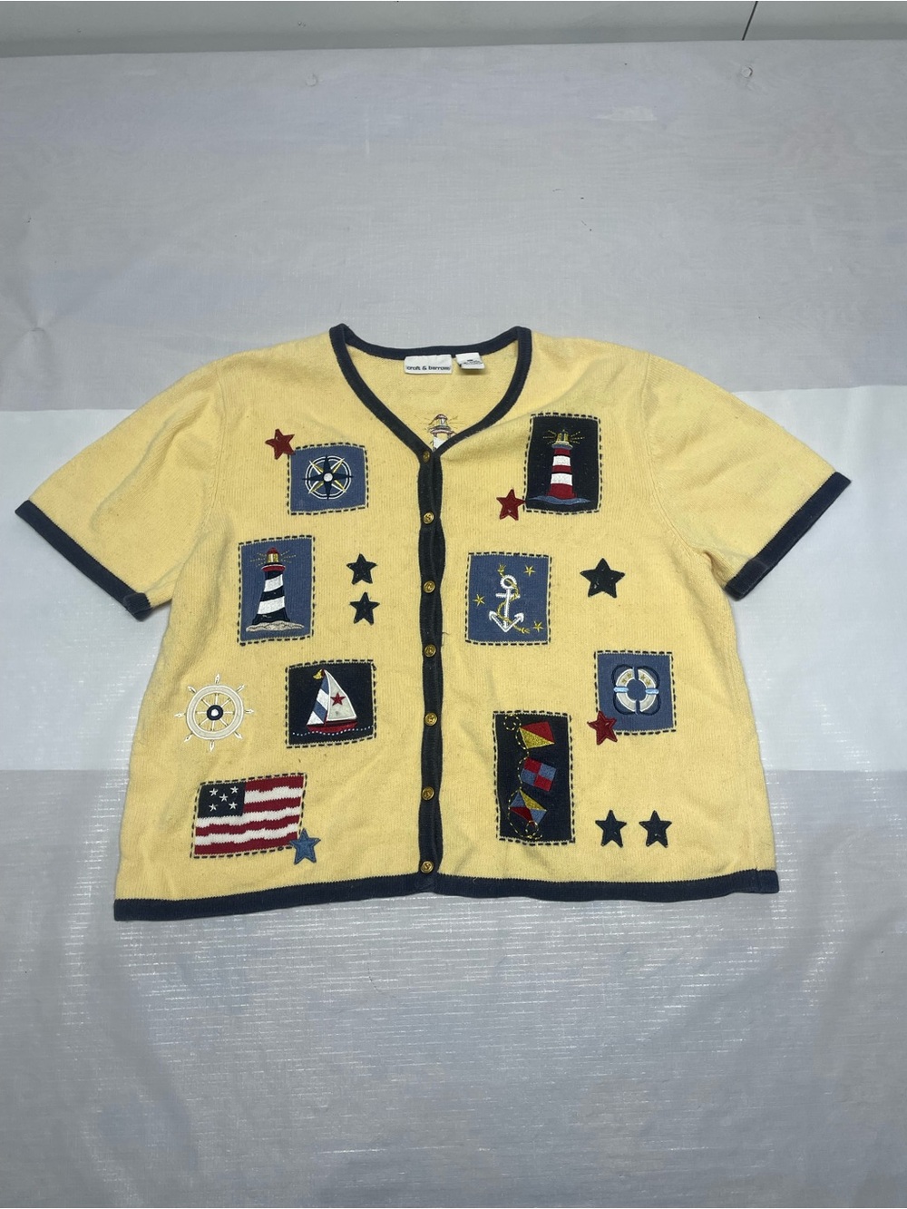 croft & barrow Yellow Nautical Patch Button-Front Shirt with Navy Trim Sz: XL